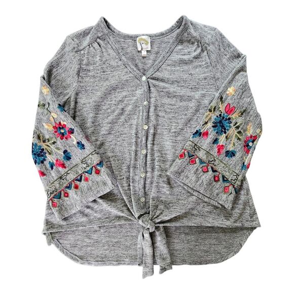 Fig And Flower Anthropologie Tie Front Embroidered Sweater Size L Boho Hippie - Picture 1 of 8